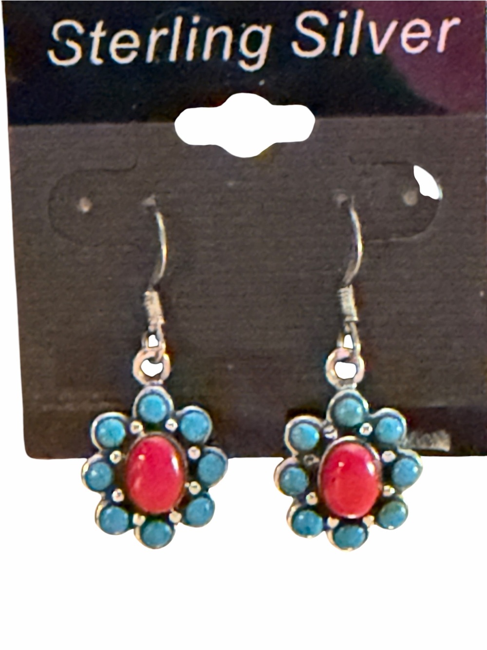 NEW Y2K Red & Blue Turquoise color 925 Sterling Silver dangle flower earrings